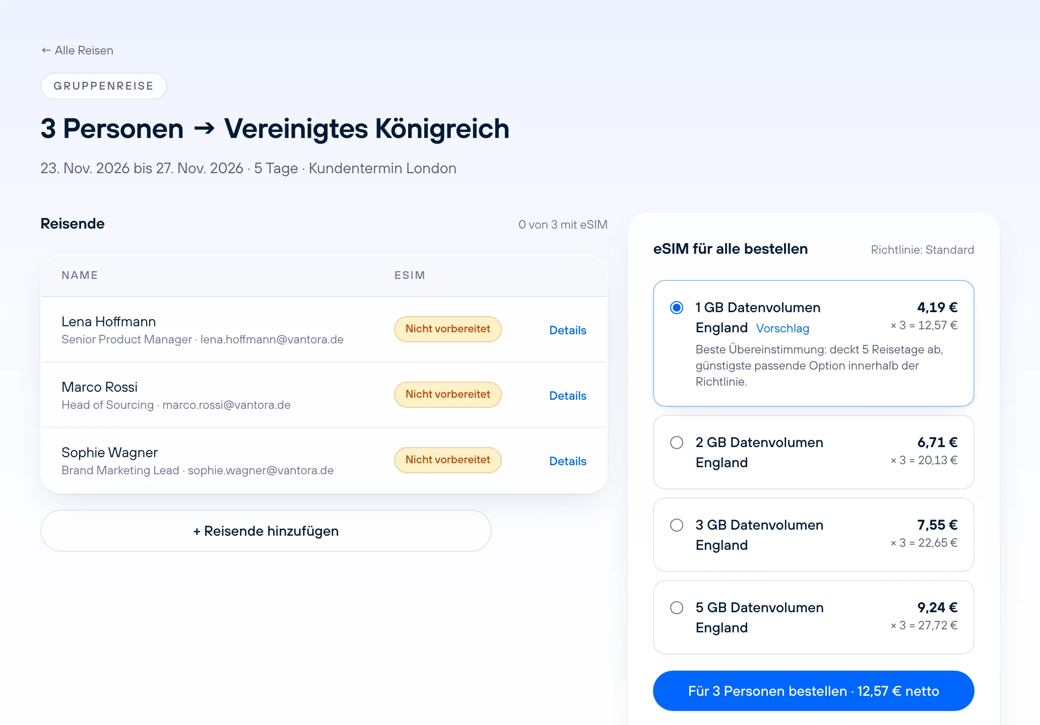 Tarifwahl für eine Gruppenreise